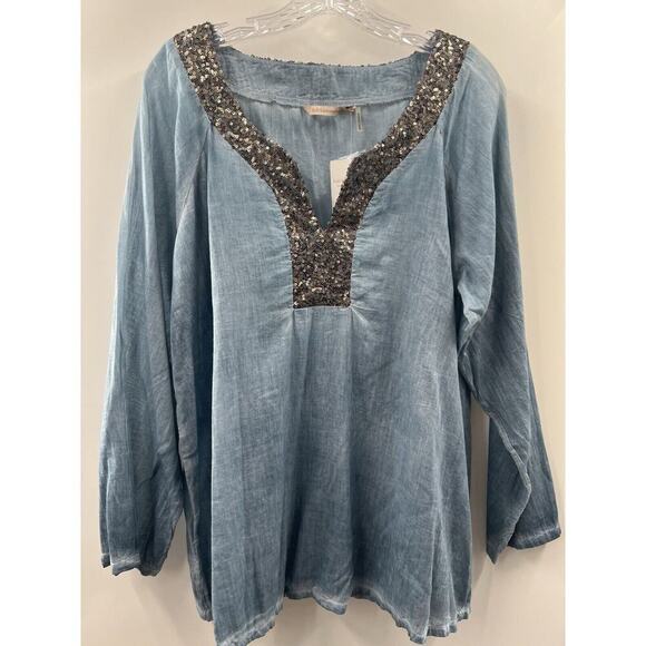 Soft Surroundings Tops - Soft Surroundings Women’s Long Sleeve Sequin V Neck Cotton Top Garment Dyed LG